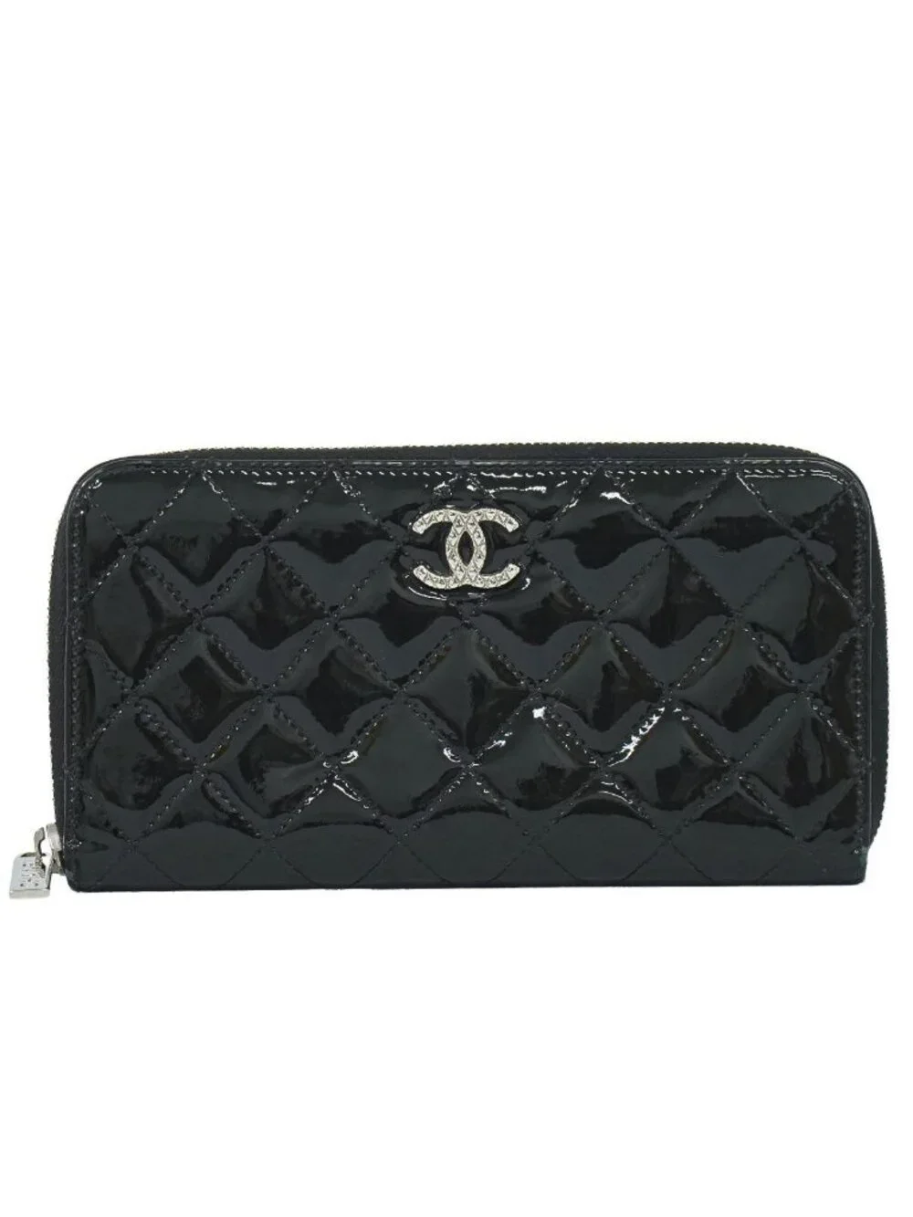 Chanel CC Logo Quilted Round Zip Wallet Patent Leather Black